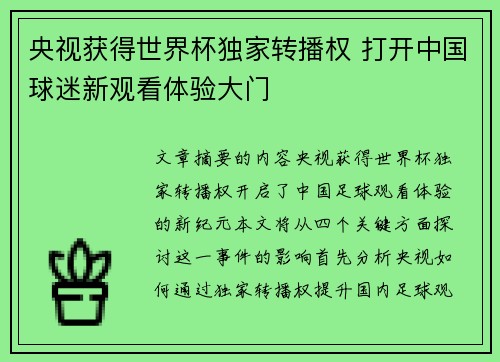 央视获得世界杯独家转播权 打开中国球迷新观看体验大门