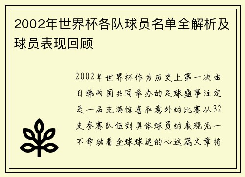 2002年世界杯各队球员名单全解析及球员表现回顾