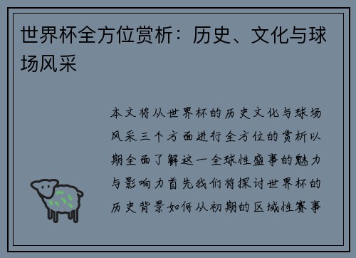 世界杯全方位赏析：历史、文化与球场风采