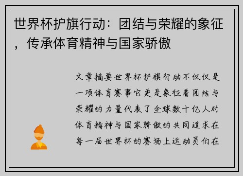 世界杯护旗行动：团结与荣耀的象征，传承体育精神与国家骄傲